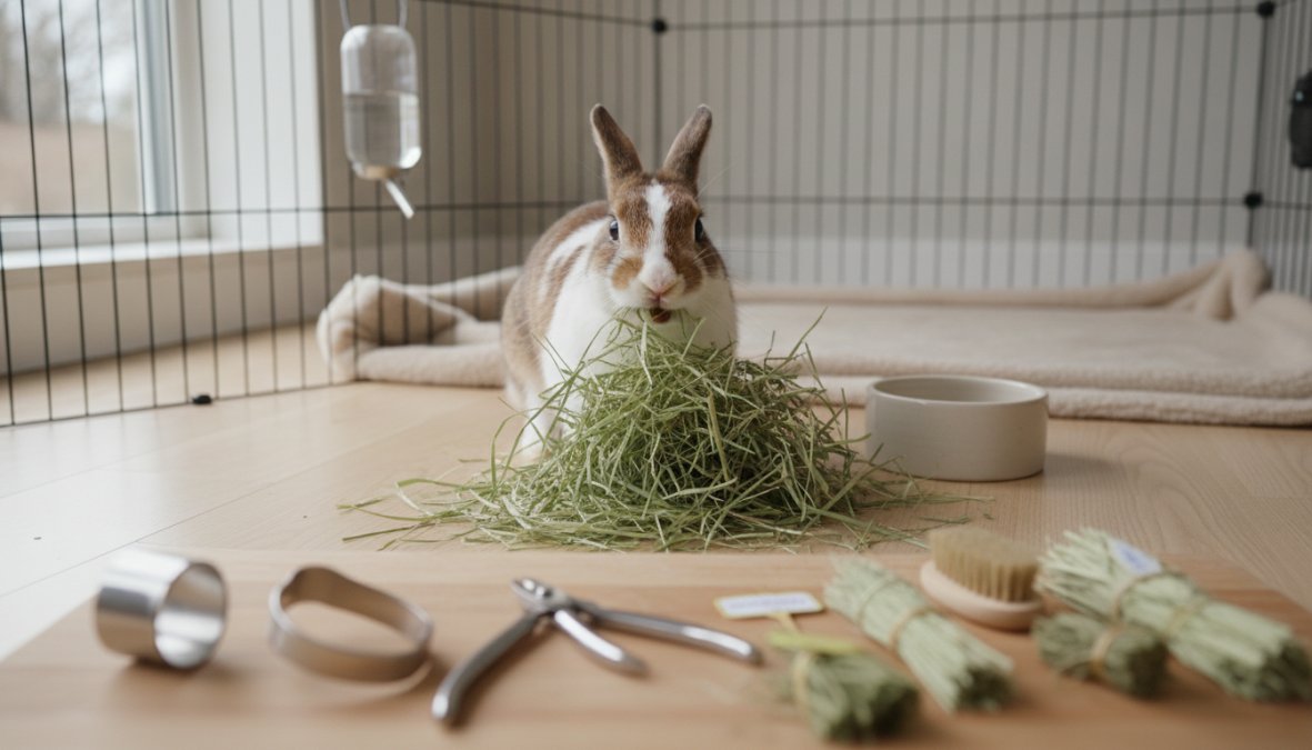 A healthy brown rabbit eating a large pile of fresh hay in a clean indoor enclosure, with natural daylight streaming through a nearby window and highlighting the rabbit's face and front teeth