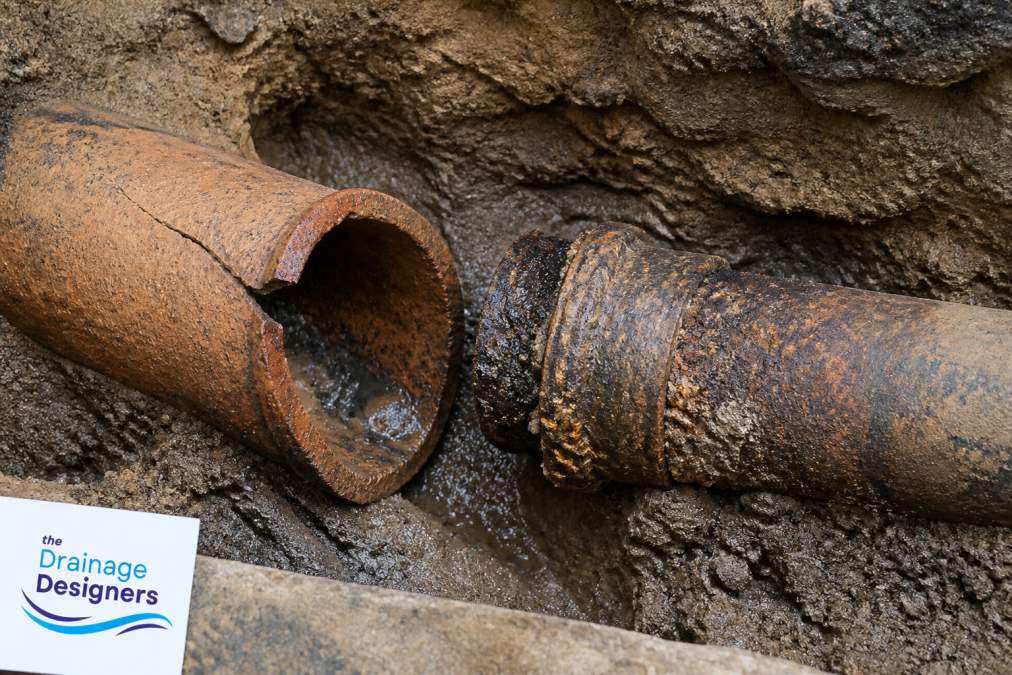 Deteriorated clay and cast iron drainage pipes showing corrosion, rust staining, cracks, and sediment buildup from an excavated section of older property drainage