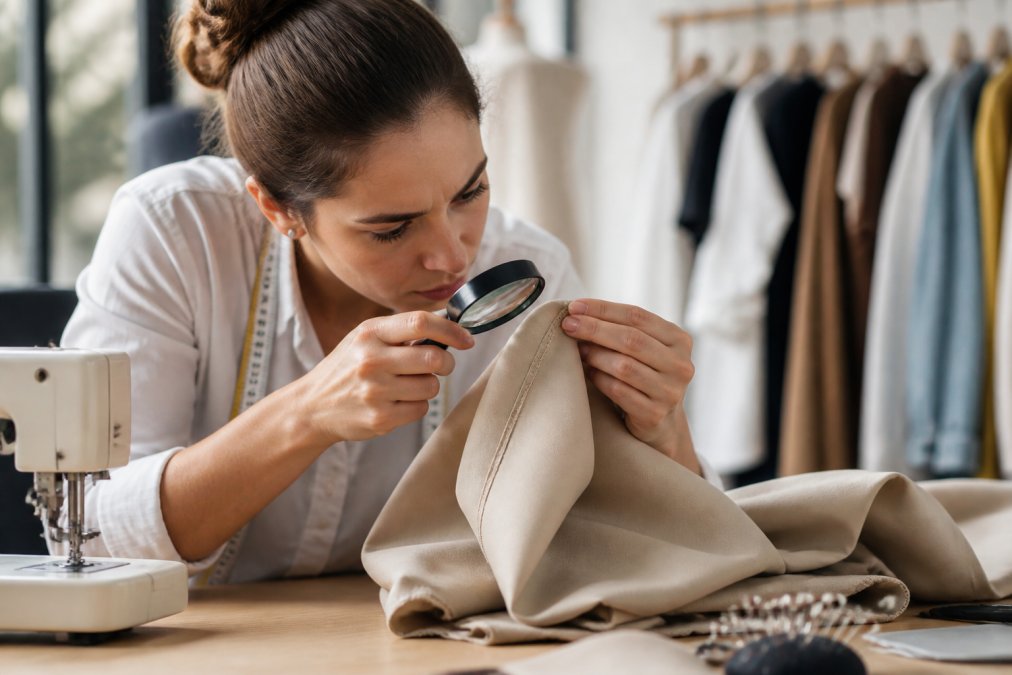 Close-up of professional seamstress examining garment seam with magnifying glass, showing tight even stitching with consistent stitch density and reinforced corner stitches under bright studio lighting