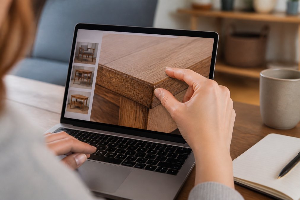 Close-up of a shopper's hands zooming into a wood grain edge on a laptop screen showing an online furniture listing, warm indoor lighting
