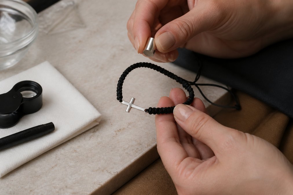 Close-up of hands performing a magnet test on a gold plated bracelet, holding a neodymium magnet near the jewelry to demonstrate the testing technique
