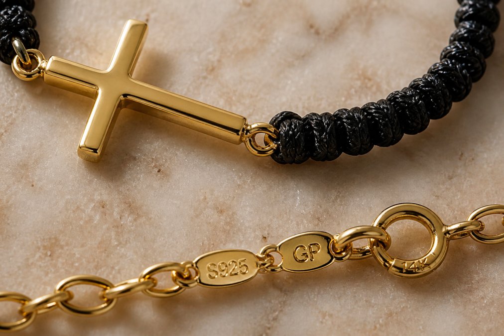 Macro photography of jewelry hallmarks and stamps visible on a gold plated chain, showing clear detail of GP, 14K, and other markings that indicate plating quality and base metal composition