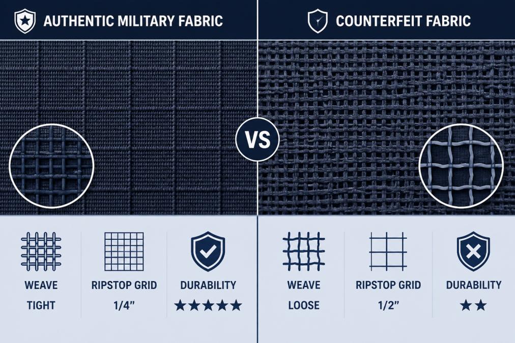 Close-up of authentic military fabric showing tight ripstop weave pattern with reinforced grid threads under natural lighting, compared to loose counterfeit weave