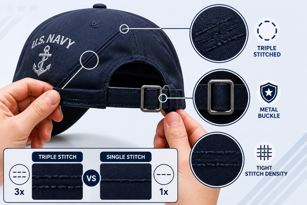 Hands examining triple-stitched seams on military cap showing reinforced construction, metal buckle hardware, and tight stitch density under bright lighting