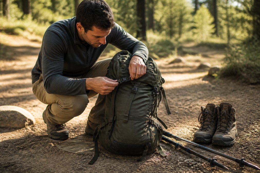 A person kneeling on a dirt trail examining the zippers, buckles, and seams of a loaded backpack, with hiking boots and trekking poles visible on the ground nearby, in afternoon sunlight