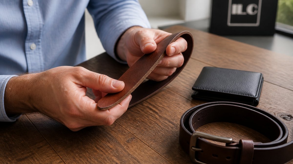 Close-up of a man's hands examining the edge and grain of a brown leather belt under natural light, with a black wallet and a second belt resting on a wooden table nearby