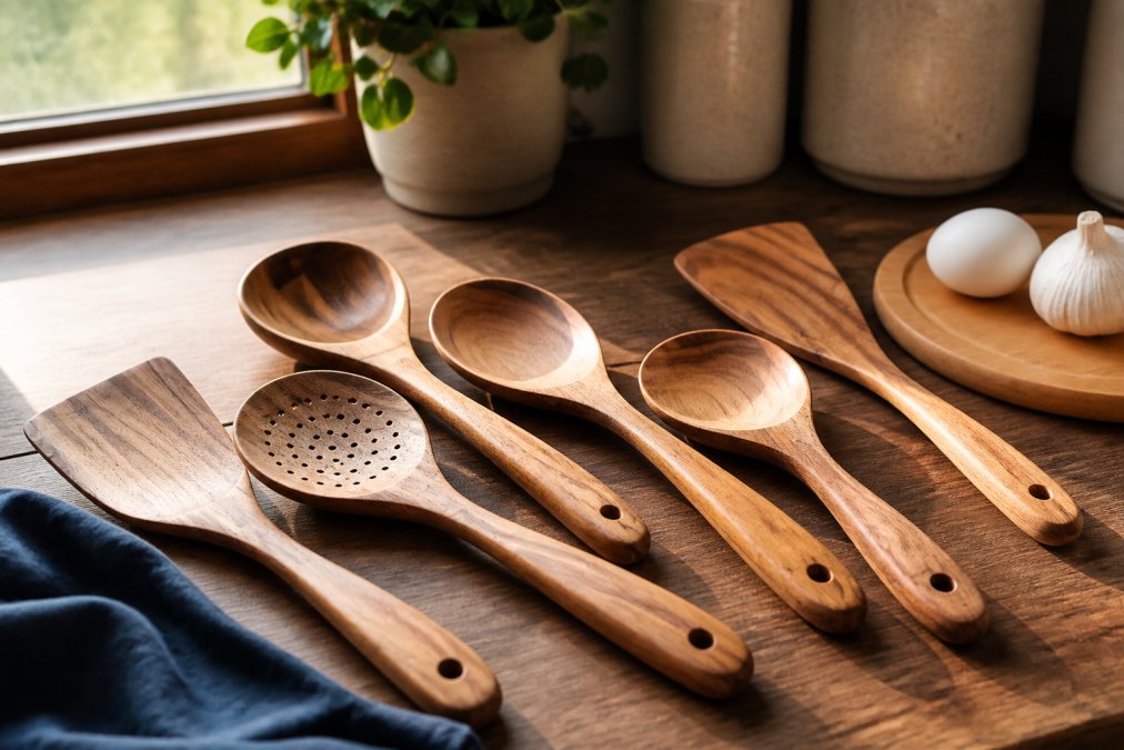 Wooden kitchen utensils showing natural grain patterns and surface finishes