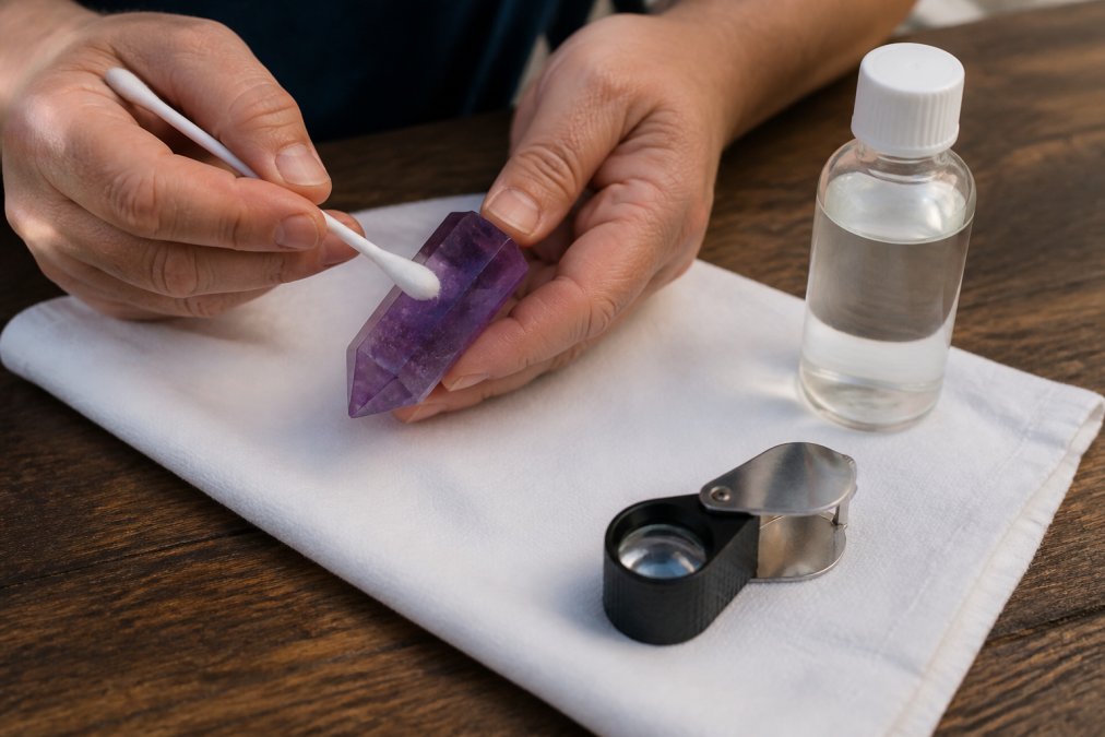 Close-up of hands holding a cotton swab dipped in acetone, gently rubbing the surface of a purple quartz crystal point on a clean white cloth, with a small bottle of acetone and a jeweler's loupe beside it on a wooden table