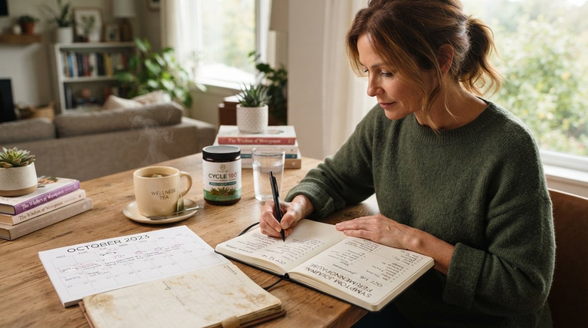 Woman writing in a symptom journal at home with a calendar and tea nearby, natural window lighting, relaxed setting