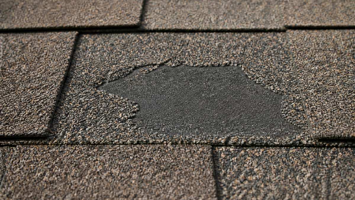 Diagram showing early granule loss on asphalt shingles with exposed dark base material and surrounding grit.