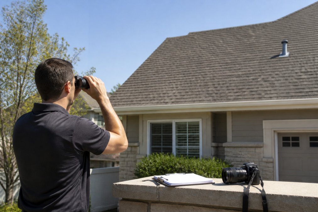 Homeowner using binoculars to inspect roof shingles for signs of shingle granule loss from the ground