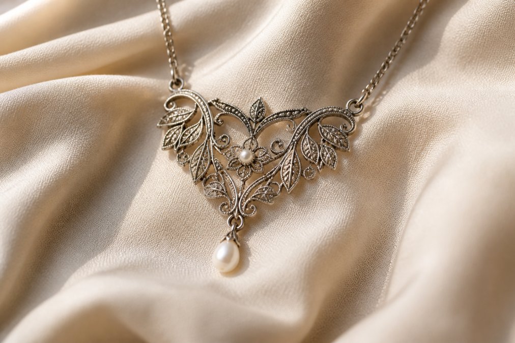 Edwardian jewelry pendant featuring delicate filigree, milgrain edges, and a small pearl drop on cream fabric.