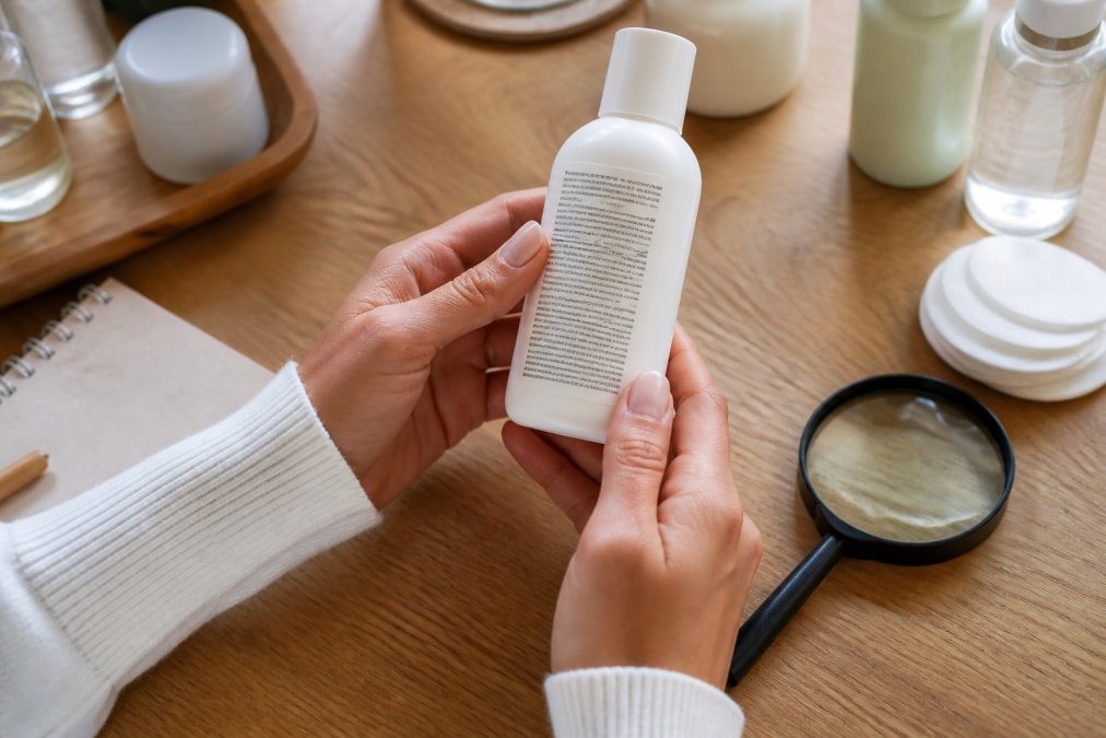 Close-up of hands holding a skincare product bottle, examining the ingredient label under natural light with a magnifying glass nearby on a wooden surface