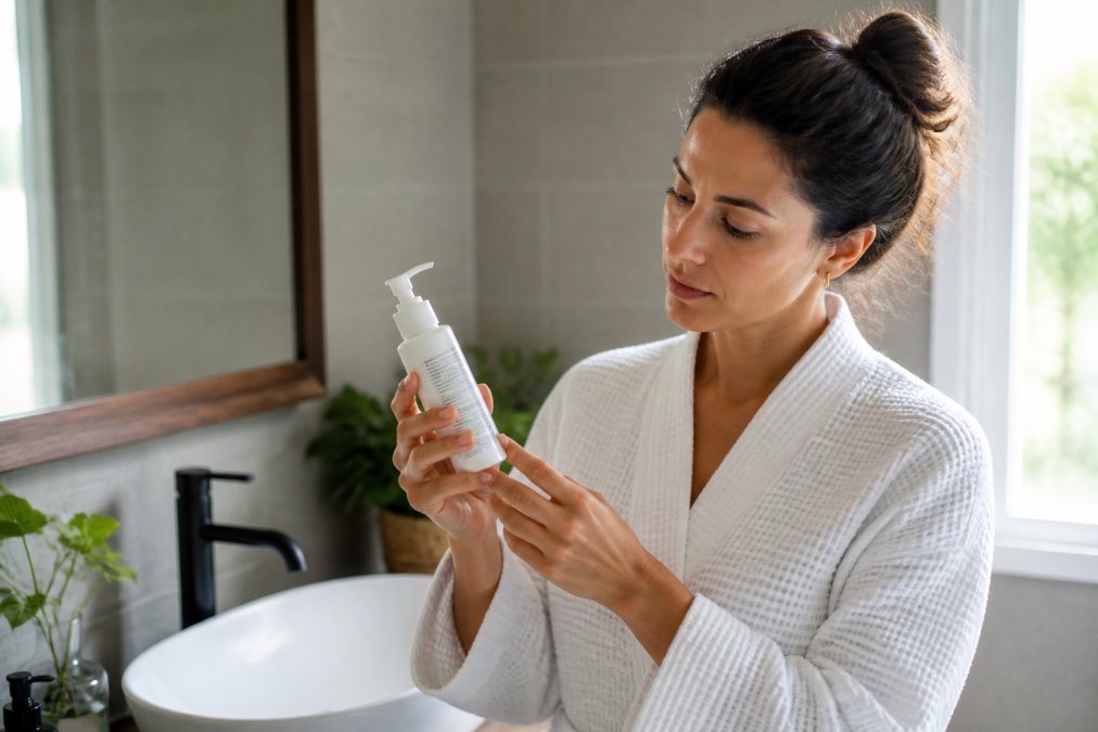 A woman in her early 30s holding a white skincare pump bottle in a bright bathroom, turning it sideways to read the ingredient list on the label closely, natural window light on her face