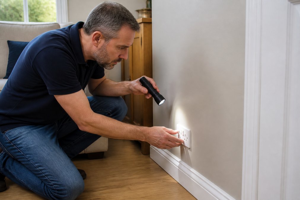 A homeowner in their 40s carefully inspecting a wall socket in a traditional British living room, with a torch in hand and a concerned but focused expression, natural daylight from a window
