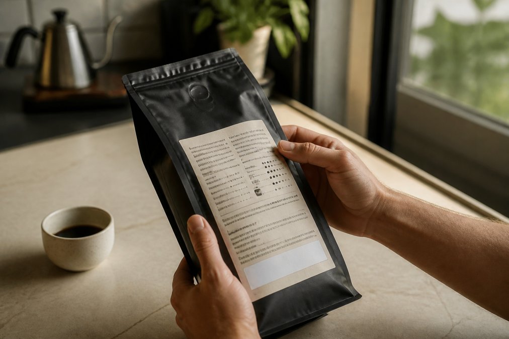 Hands turning a coffee bag to check the label for ethical coffee sourcing information in a sunlit kitchen.