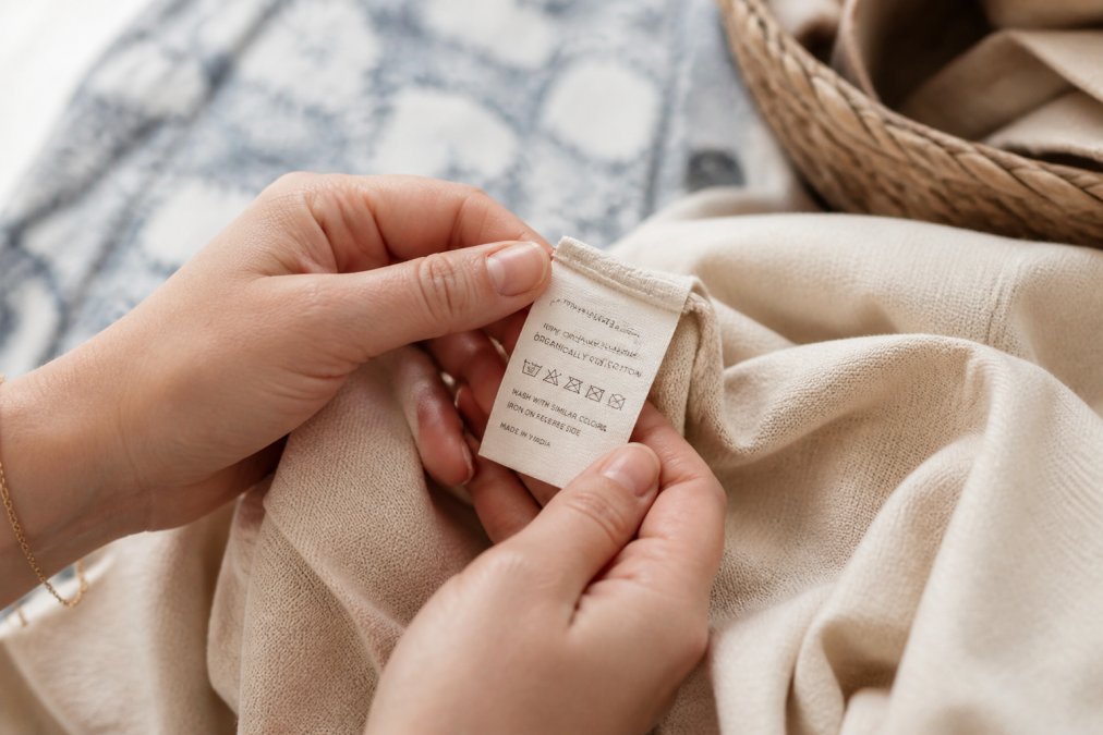 Diagram explaining how to identify natural fibers and ethical fashion details on clothing labels.