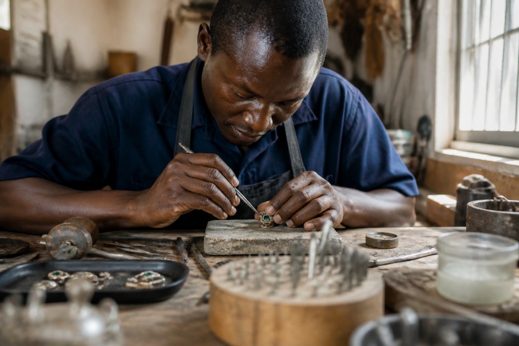 Artisan craftsperson working intently on jewelry in a bright workshop setting, hands shaping metal and gemstones using traditional jewelry-making techniques, with natural daylight illuminating the detailed handiwork