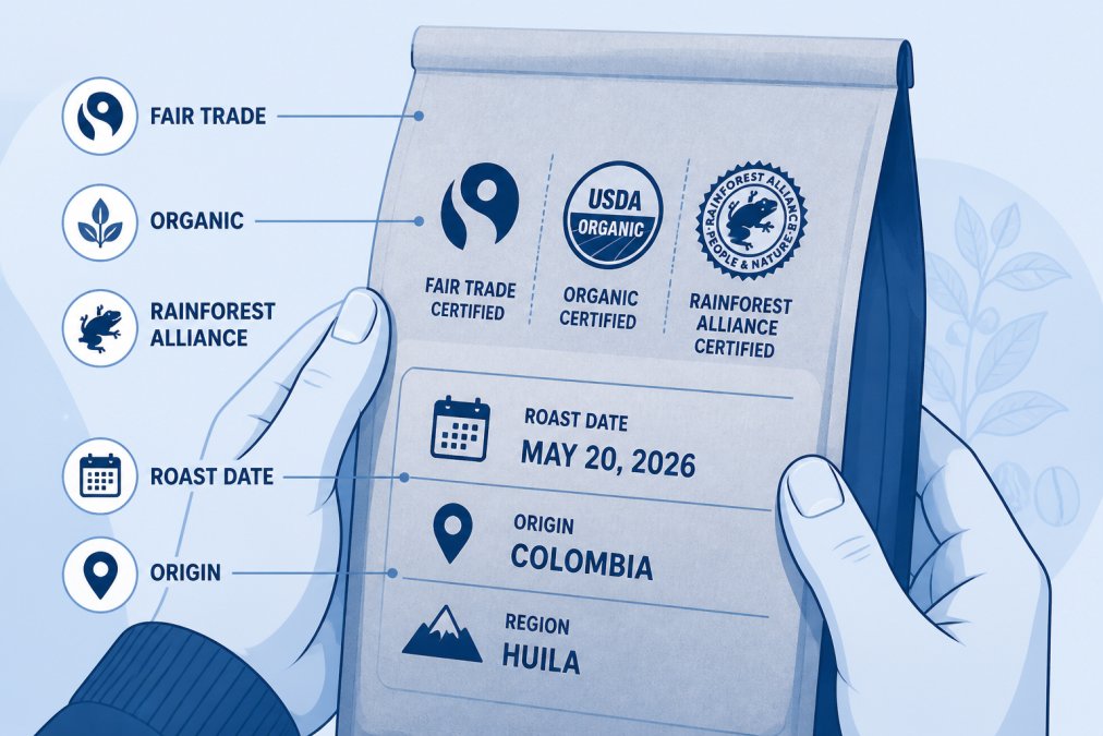 Close-up of hands holding a coffee bag showing Fair Trade, organic, and Rainforest Alliance certification logos printed on kraft paper, with roast date and origin information visible in natural daylight