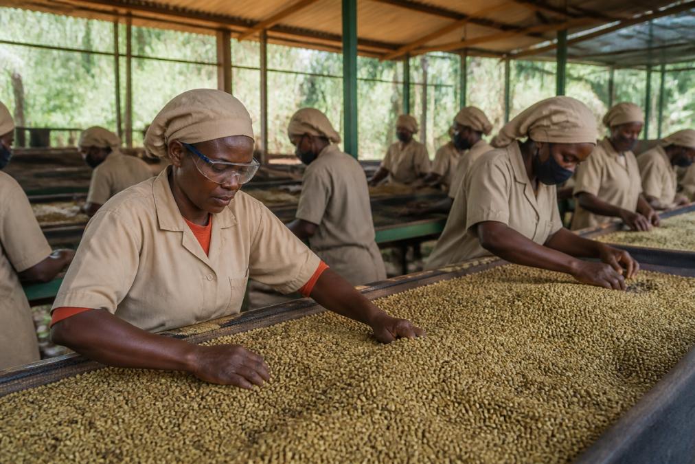 Coffee farm workers in a cooperative processing facility, sorting and preparing beans for export, with safety equipment visible and cooperative signage in the background