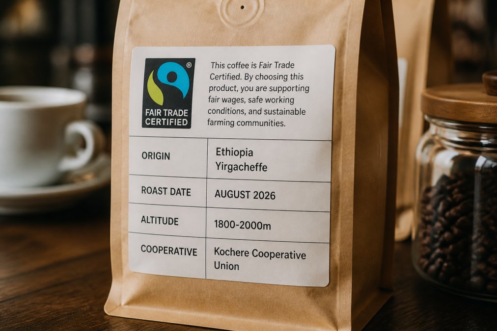 Close-up of coffee bag labels showing Fair Trade certification logo, origin region details (Ethiopia Yirgacheffe), roast date (August 2026), altitude notation (1800-2000m), and cooperative name printed on kraft paper bag