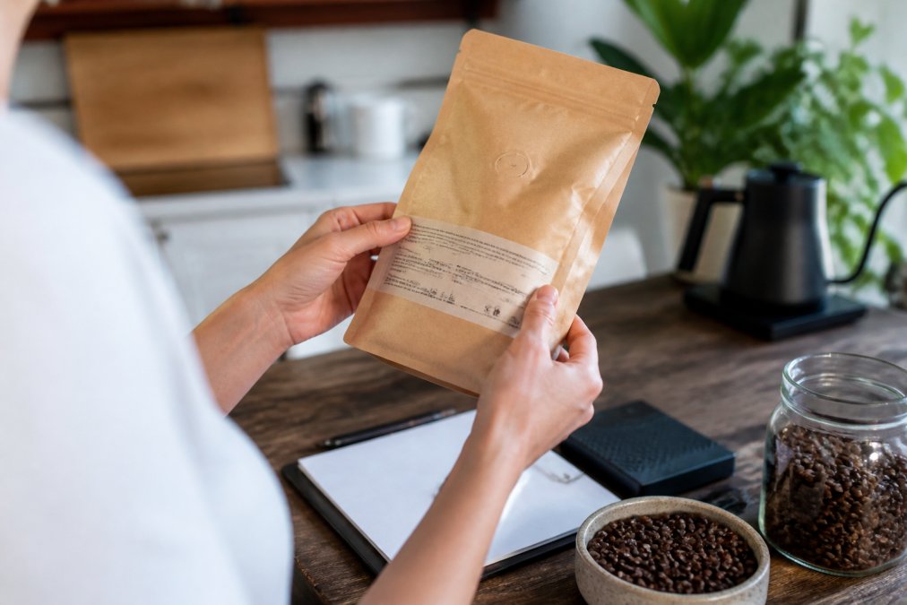 Close-up of a person's hands holding a kraft paper coffee bag in a bright kitchen, rotating it to read the fine print listing origin, roast date, and certification logos