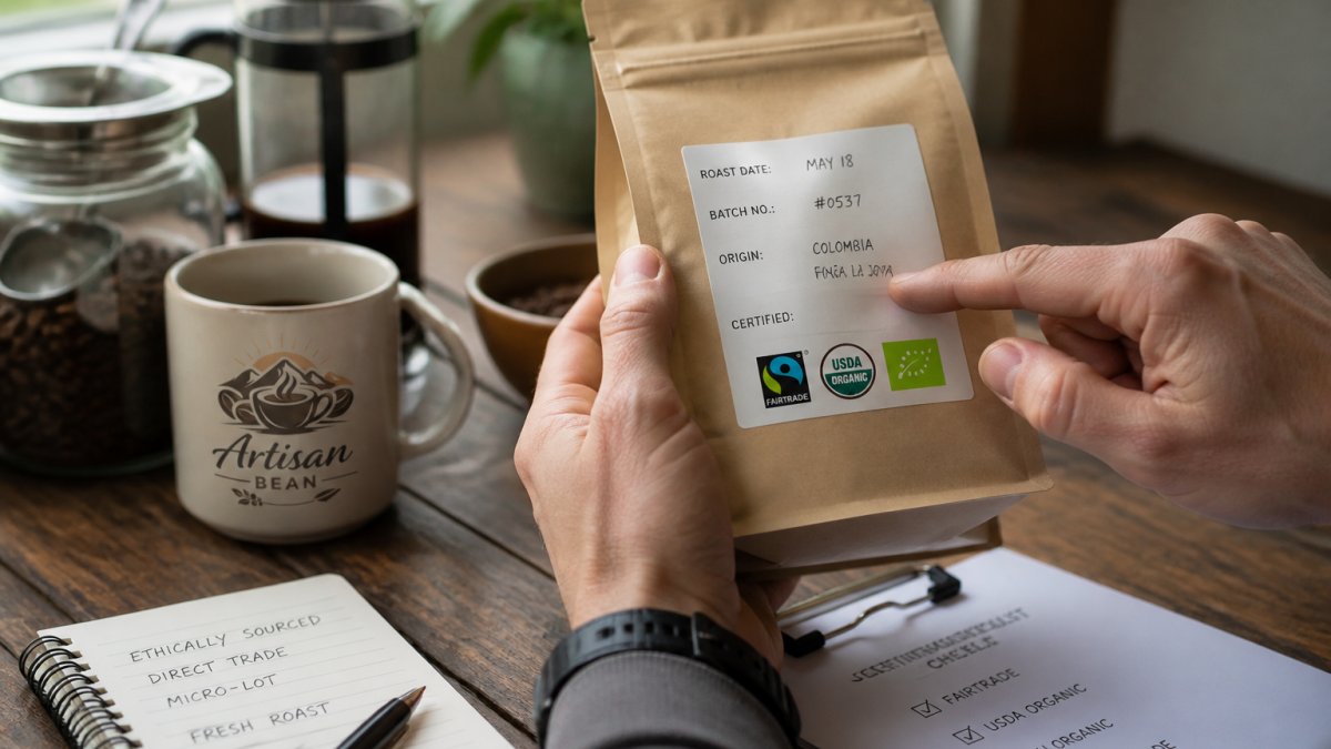 Close-up of hands holding a coffee bag, examining roast date, batch number, origin information, and certification logos on the label