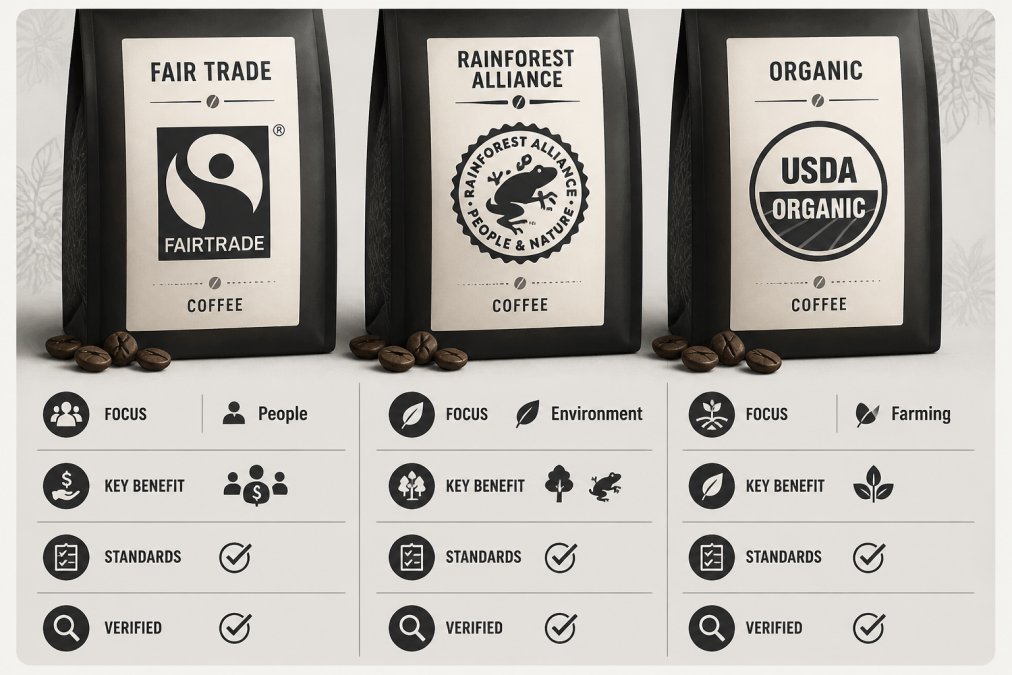 Close-up of coffee bag labels showing Fair Trade, Rainforest Alliance, and organic certification badges displayed side by side