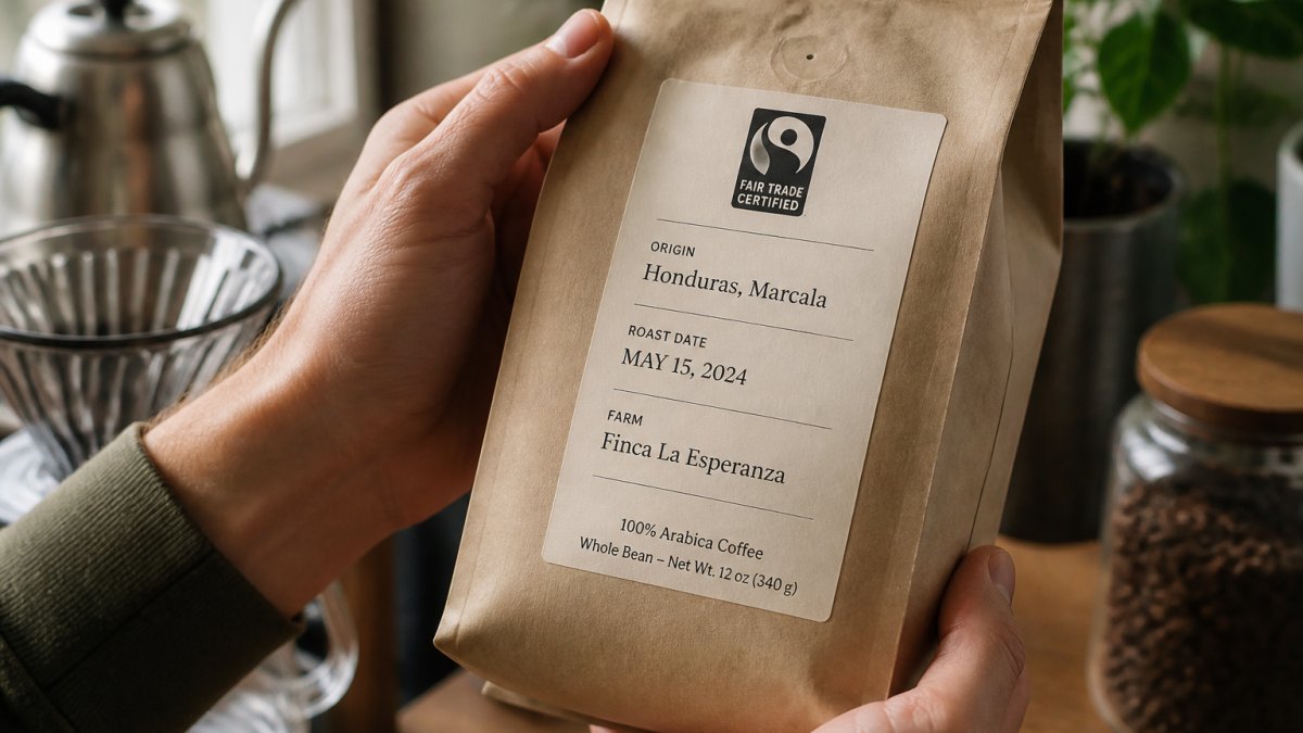 Close-up of hands holding a coffee bag showing Fair Trade certification logo, origin region clearly printed, roast date, and farm name visible on the label with natural lighting highlighting the text