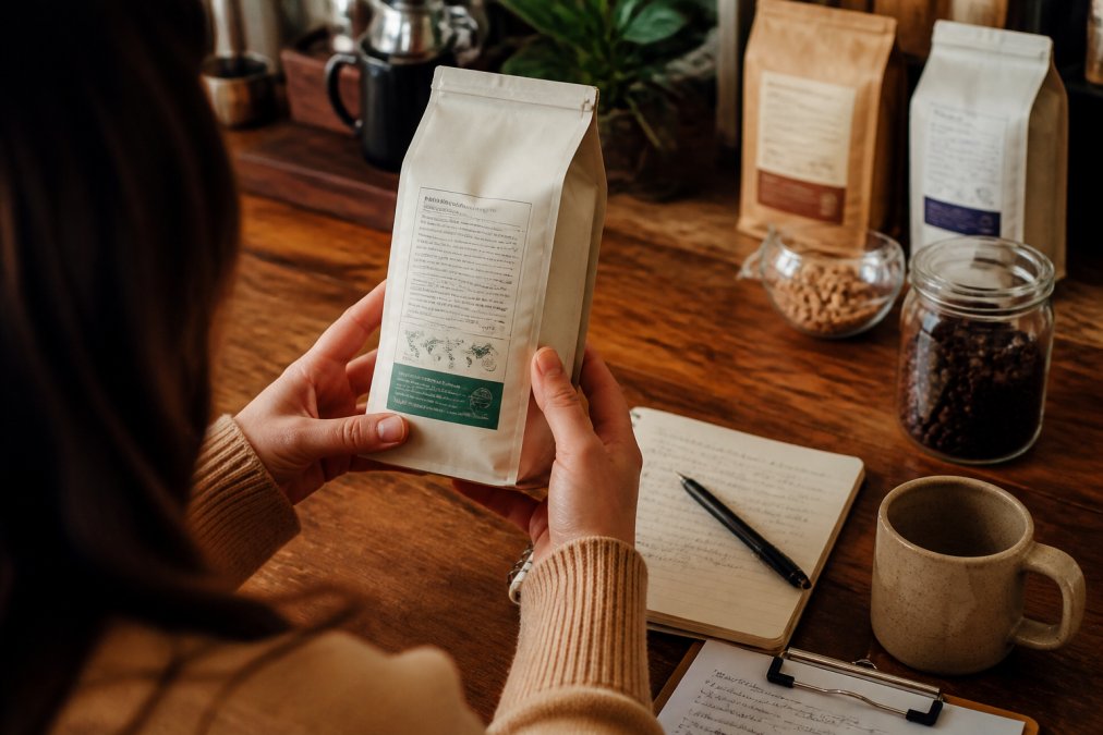 Hands holding a coffee bag, examining the back label with supply chain information and farm origin details visible