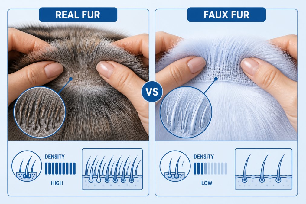 Close-up of hands examining and comparing fur texture side by side, showing the density difference between real fur and synthetic fibers, with natural lighting highlighting the fiber structure