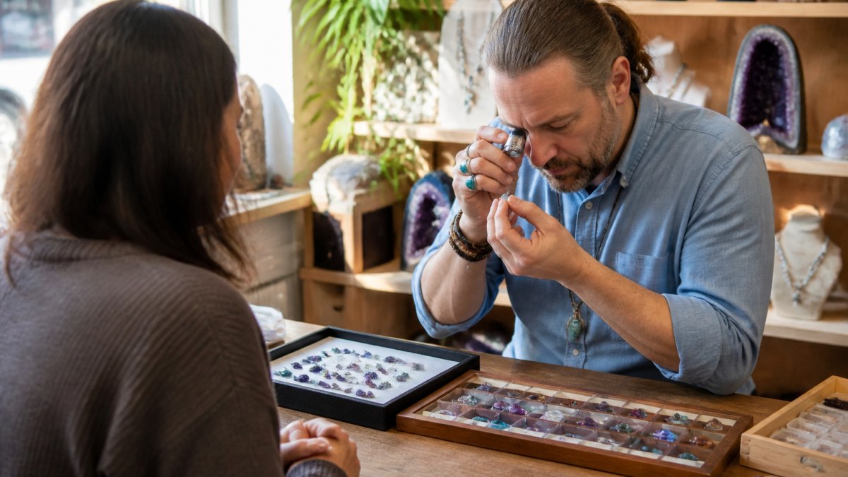 Professional jeweler examining loose gemstones with a loupe at a wooden counter while discussing sourcing with a customer across the table, natural window lighting
