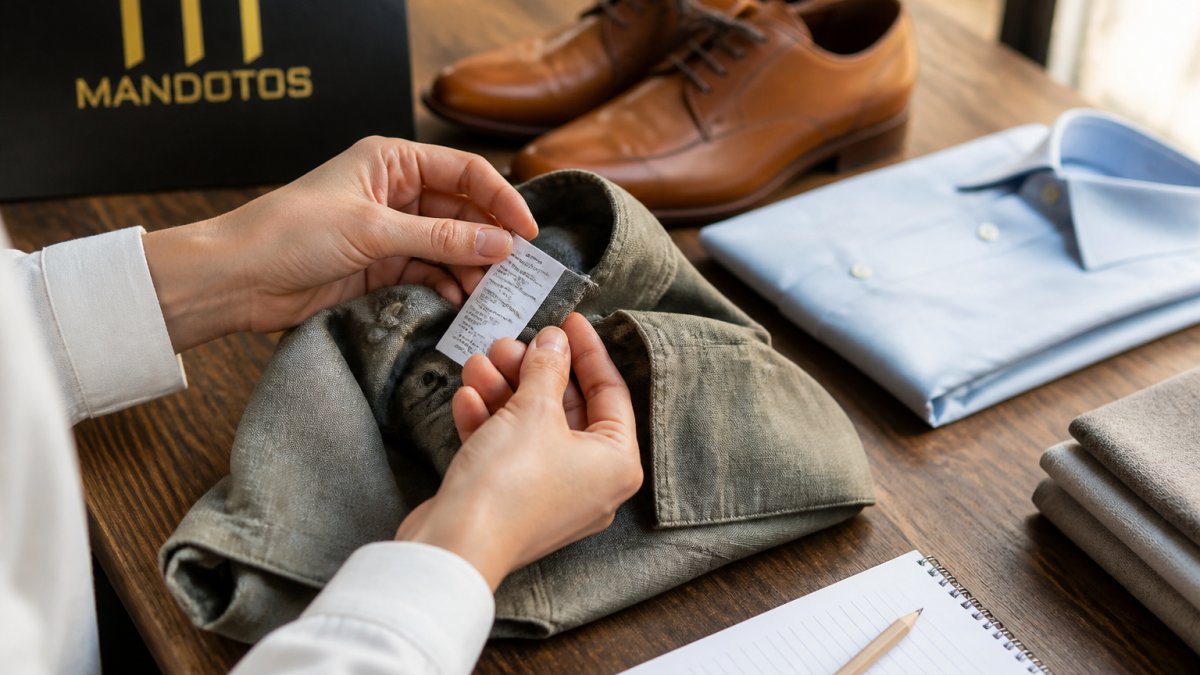 Close-up of hands holding a clothing item with a certification label visible, examining the tag and product details in natural daylight