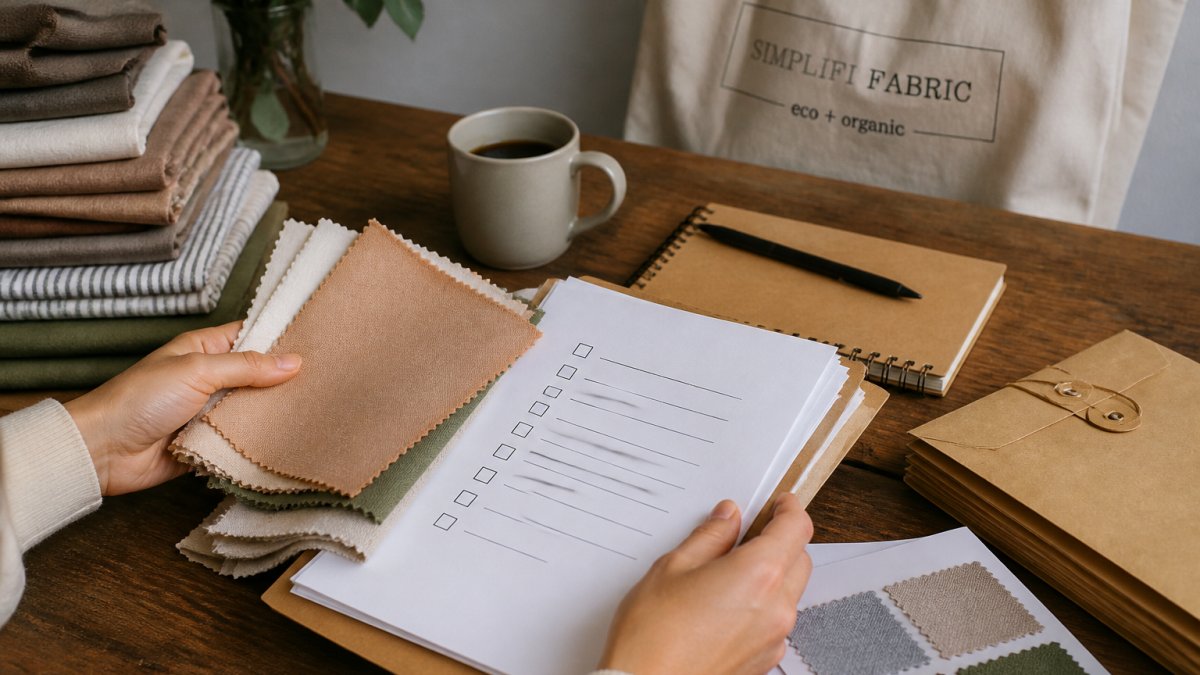 Close-up of hands holding fabric swatches and supplier documentation with a checklist on a wooden desk