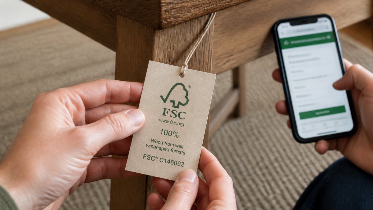 Close-up of hands holding a furniture certification label attached to a wooden table leg, with a smartphone showing a verification website in the background