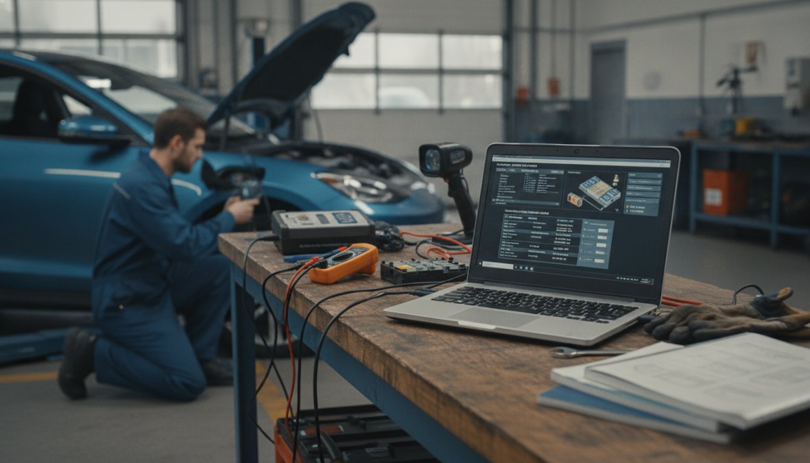 A technician in a clean automotive workshop connecting a professional OBD-II scanner to the diagnostic port beneath an electric vehicle's dashboard, with a laptop open on a nearby workbench showing battery cell voltage readings and State of Health percentage data, under bright workshop lighting