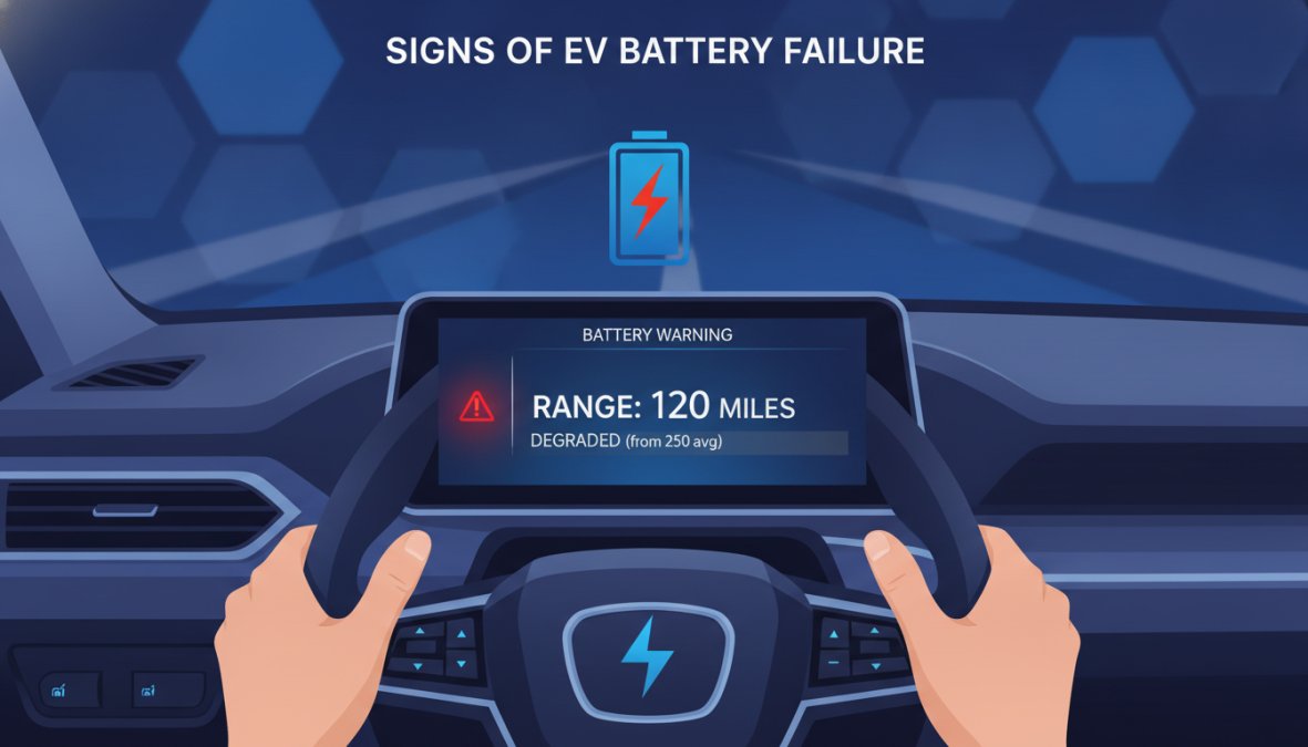 Close-up of an electric vehicle dashboard showing a reduced range estimate of 87 miles alongside an amber battery warning indicator light, with a driver's hands resting on the steering wheel and early evening light coming through the windscreen