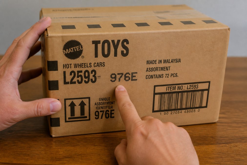 Hands holding a brown cardboard Hot Wheels shipping carton, fingers pointing to the printed assortment code and case letter stamped on the side of the sealed box, photographed under bright indoor lighting on a wooden table
