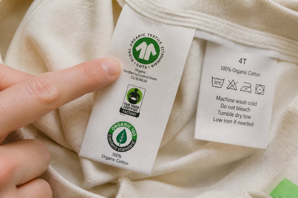 Close-up of clothing tags and certification labels showing fair trade and organic marks on children's apparel, with fingers pointing to GOTS symbol and other certifications on white cotton fabric