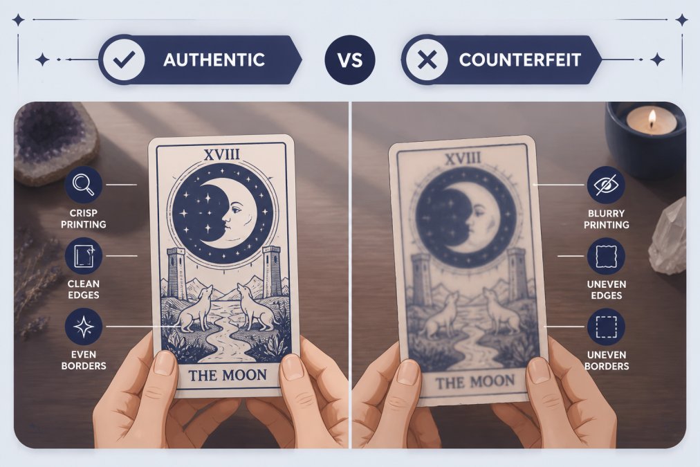 Close-up of hands holding two tarot cards side by side, one showing crisp printing and clean edges, the other with blurry artwork and uneven borders, on a wooden table with soft natural light
