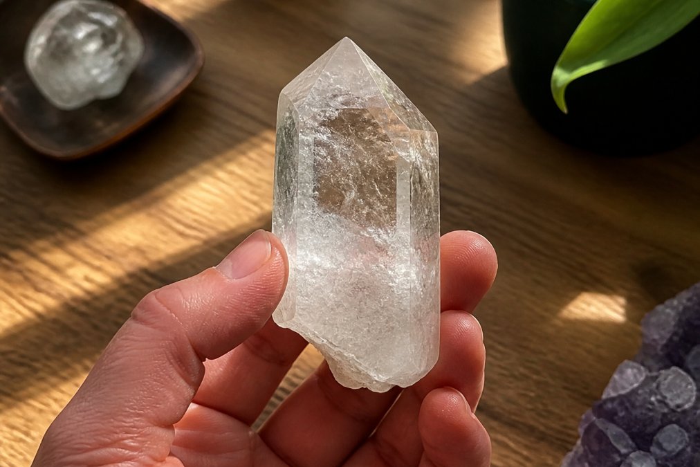 Close-up of a hand holding a raw natural quartz crystal against a warm light source, showing visible internal fractures, asymmetry, and cloudy natural inclusions inside the stone, photographed on a wooden surface with soft daylight