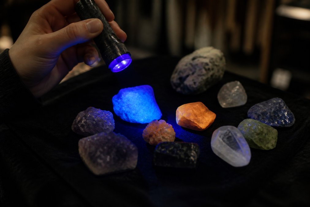 A person holding a UV flashlight over several crystals laid on a dark velvet surface in a dimly lit room, with some stones glowing vivid blue and orange while others remain dark, showing the fluorescence test in action
