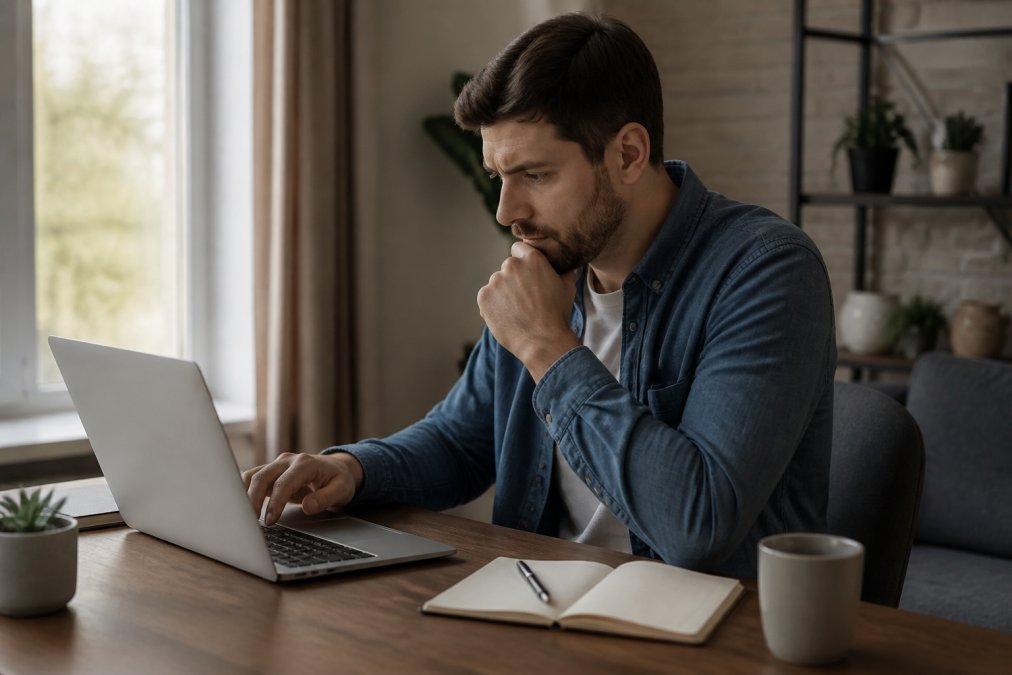 A person sitting at a desk with a laptop, carefully reviewing a company website and checking domain details in a browser, with a notepad and pen nearby in a home office setting