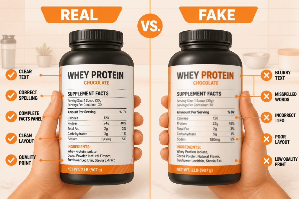 Close-up of a person's hands holding two supplement bottles side by side under bright light, one label showing clear crisp text and the other with blurry or misspelled words, on a clean kitchen counter