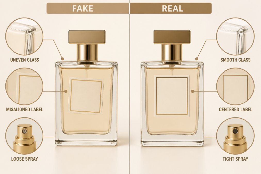 Comparison of glass quality and labels between authentic and fake luxury fragrances in a side-by-side visual guide.