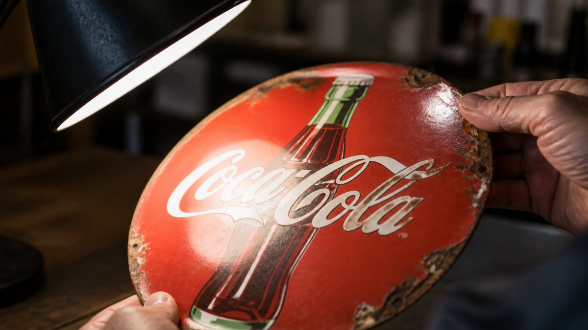 Close-up of hands holding a vintage enamel Coca-Cola sign under a bright light, showing surface texture and edge details