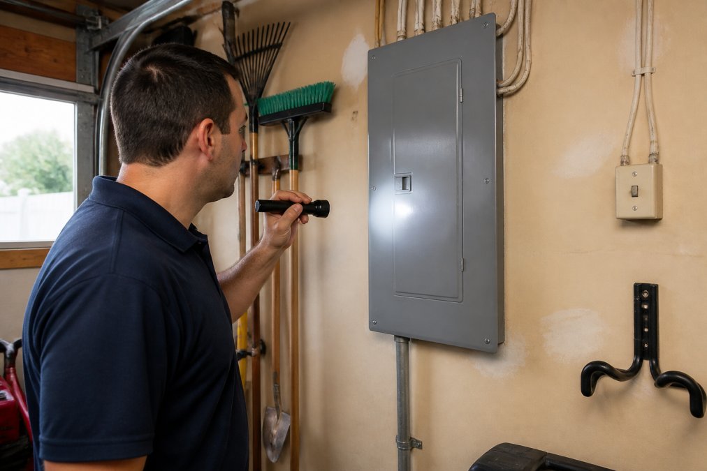 Homeowner using a flashlight to safely inspect a gray Federal Pacific panels electrical box in a garage