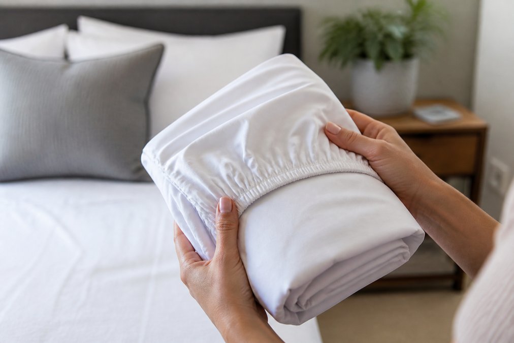 Hands holding a neatly folded bedding item with the fitted sheet size label clearly embroidered on the corner.