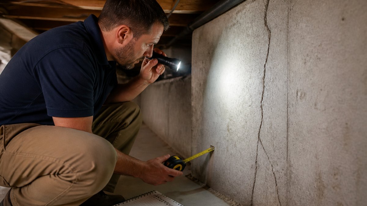 Homeowner crouching in basement with flashlight, measuring tape, and notebook, examining a concrete foundation wall with visible cracks up close under warm artificial lighting