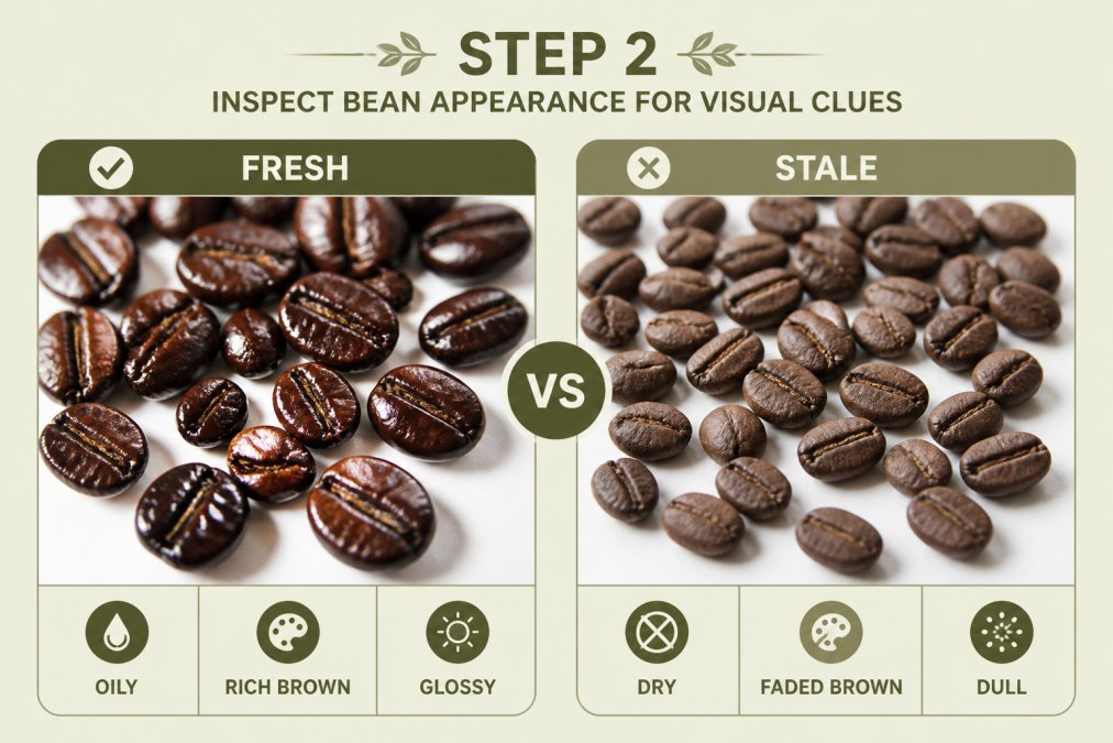 Close-up of glossy, dark roasted whole coffee beans with visible oil sheen scattered on white surface, showing rich brown color and reflective surface under natural window light, compared to duller, drier beans alongside